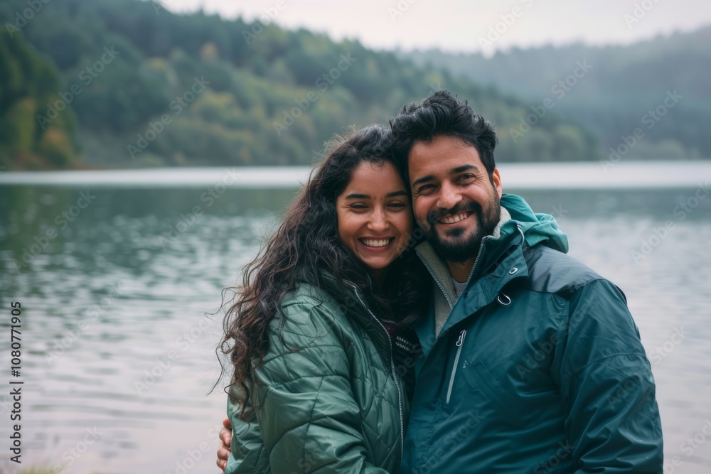 Portrait of a glad indian couple in their 20s wearing a lightweight packable anorak in front of serene lakeside view Portrait of a glad indian couple in their 20s wearing a lightweight packable anorak in front of serene lakeside view