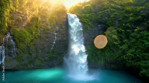 powerful white waters cascading rocky ridge blue green lagoon framed warm sunlight passing water waterfall jungle clear turquoise tree hill pool rock view landscape summer rainforest  