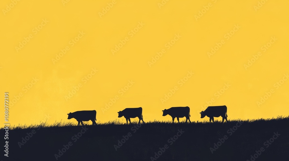 Four cows in silhouette walk along a grassy hill with a striking yellow sky backdrop, creating a serene and minimalist rural scene. Four cows in silhouette walk along a grassy hill with a striking yellow sky backdrop, creating a serene and minimalist rural scene.