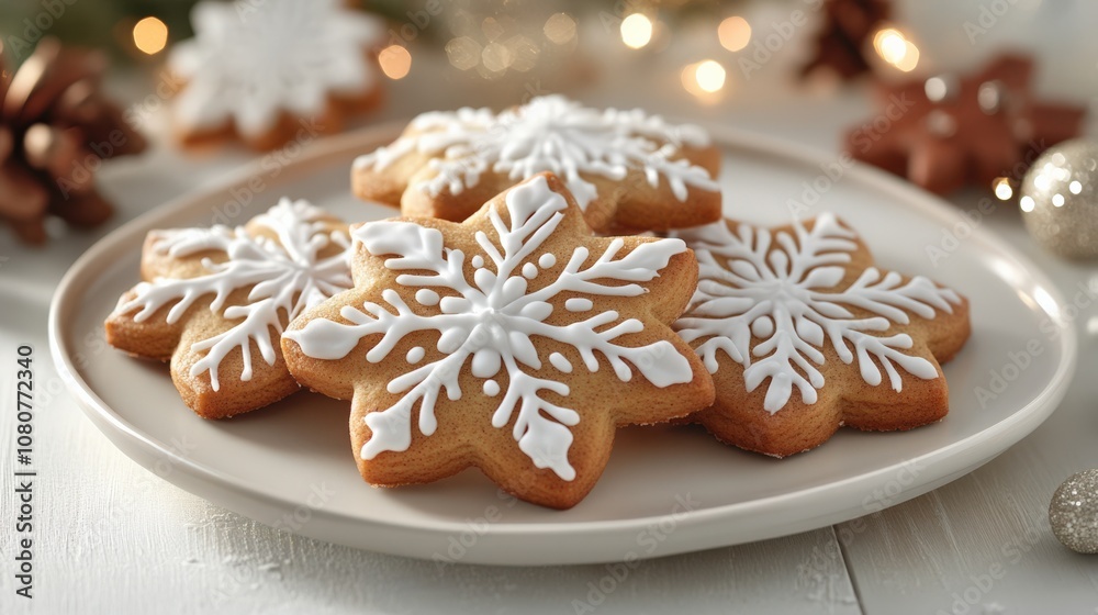 Delicious Snowflake Cookies on a Festive Plate Delicious Snowflake Cookies on a Festive Plate