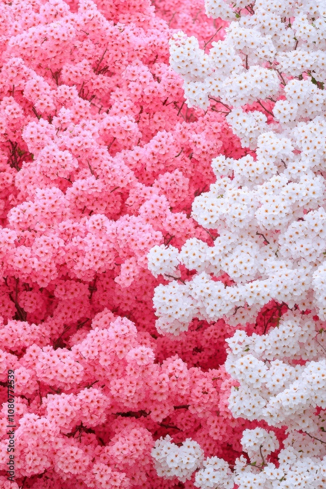 Vibrant pink and white cherry blossoms in full bloom create a stunning visual contrast, AI