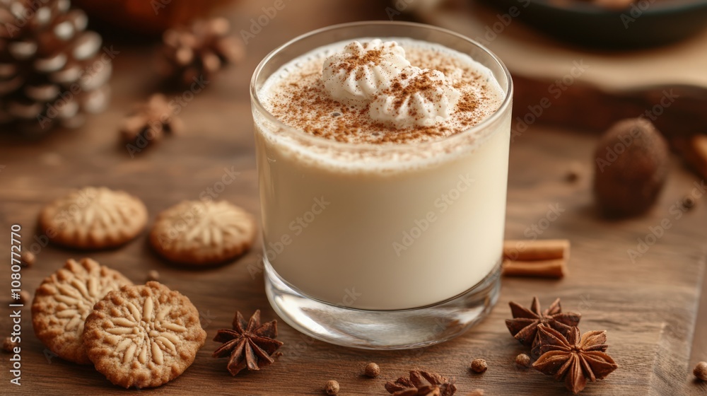 Delicious Holiday Beverage with Cookies and Spices on Rustic Wood Table Delicious Holiday Beverage with Cookies and Spices on Rustic Wood Table