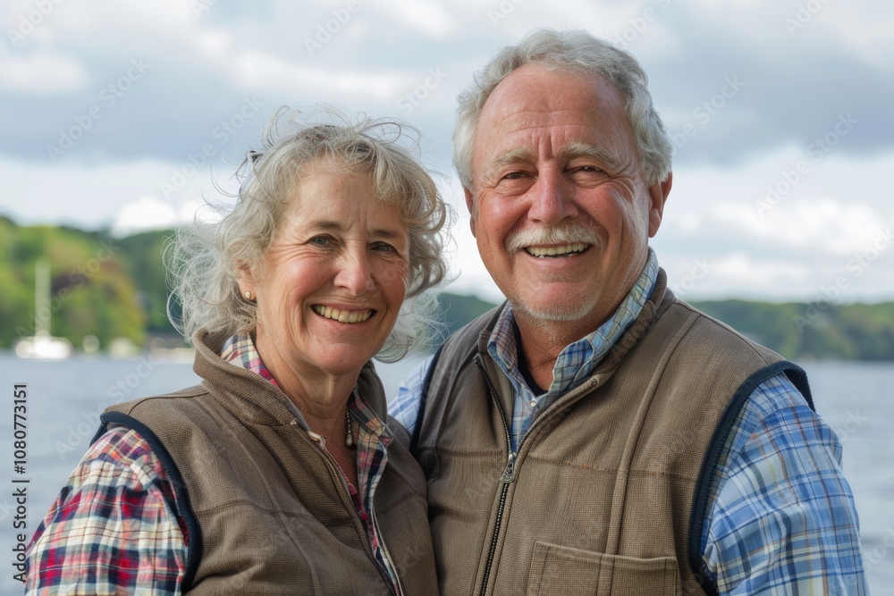 Portrait of a glad couple in their 50s dressed in a polished vest in front of serene lakeside view Portrait of a glad couple in their 50s dressed in a polished vest in front of serene lakeside view