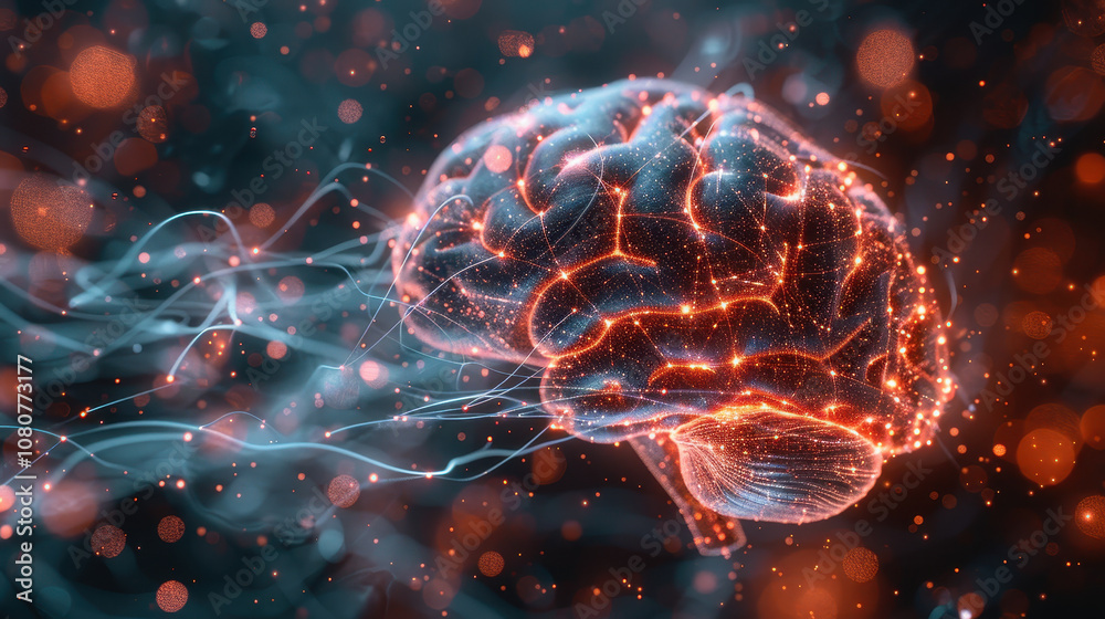 This digital illustration features a glowing brain with intricate neural connections and electrical pulses on a dark background, ideal for projects related to neuroscience and technology This digital illustration features a glowing brain with intricate neural connections and electrical pulses on a dark background, ideal for projects related to neuroscience and technology
