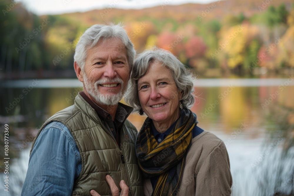 Portrait of a glad couple in their 50s dressed in a polished vest while standing against serene lakeside view Portrait of a glad couple in their 50s dressed in a polished vest while standing against serene lakeside view