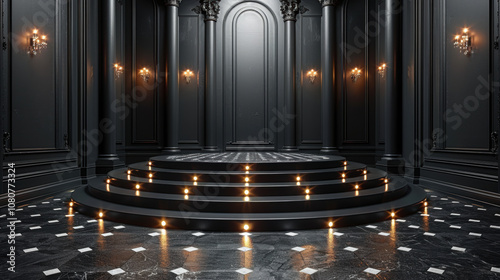 This image features a stunning black interior with a beautifully designed staircase leading to a podium, illuminated by elegant lighting, ideal for events and performances
