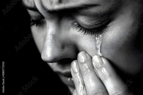 Woman crying, deeply distressed and sad, wiping away her tears of despair.   