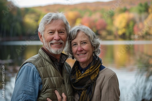 Portrait of a glad couple in their 50s dressed in a polished vest while standing against serene lakeside view