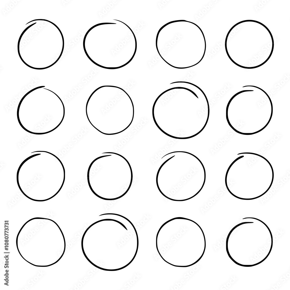 Set of hand drawn round frames with open black thin line. Vector table ...