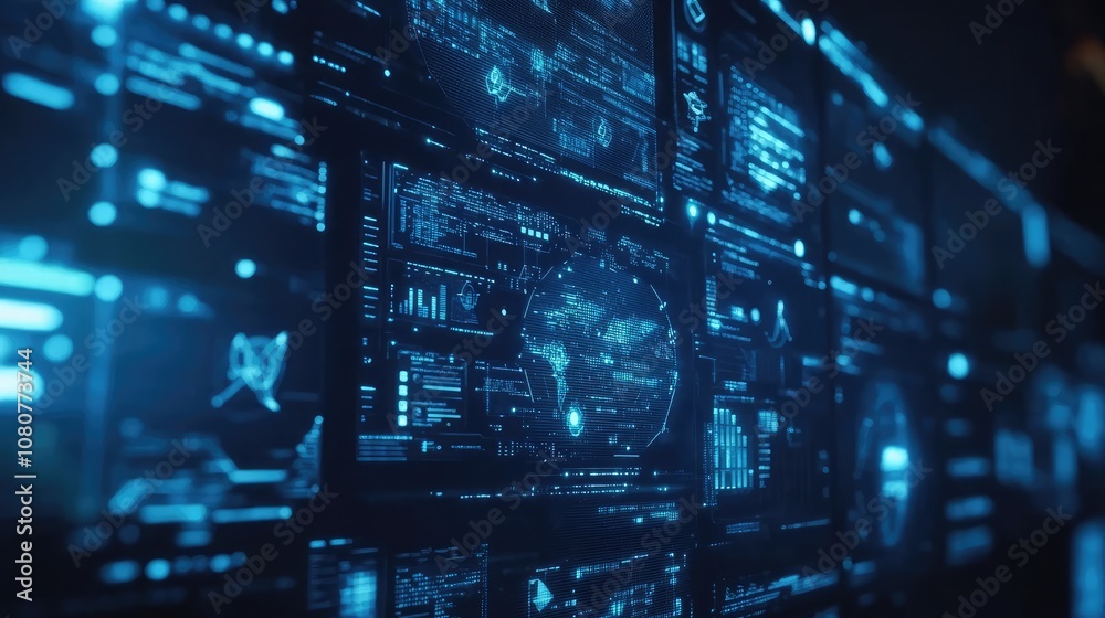 A wall of digital screens with glowing blue data and graphics. The screens display lines of code, graphs, and a globe with a futuristic style.