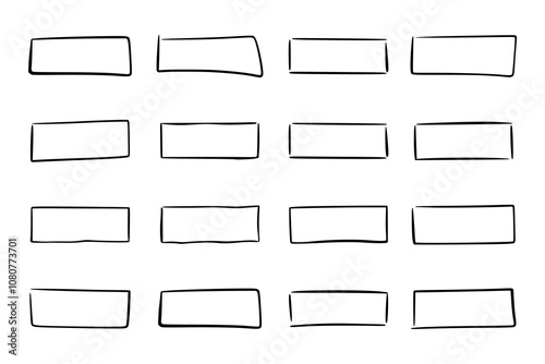 Set of rectangular thin outline frames, drawn by hand in sweeping neat with dynamics. Graphic template of table with four rows and columns. Vector illustration of cells for text, accent highlighting.