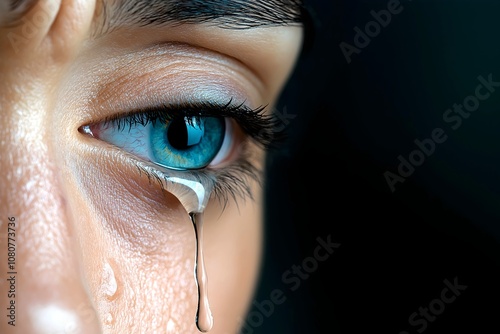 Woman crying tears of sadness and despair, intense emotional mental health issues, close-up of eyes filled with sorrow.  photo