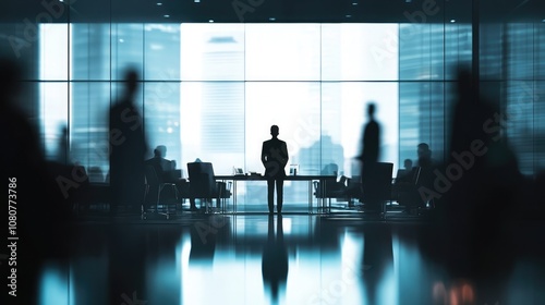 A businessman stands in front of a large window overlooking the city, with other people sitting in the background, creating a silhouette against the bright window.