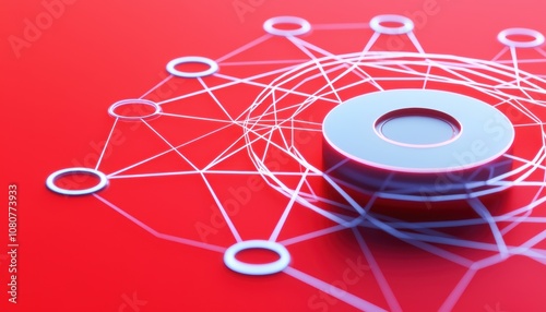 An abstract illustration depicting a central hub connected by lines to various nodes, set against a vibrant red background.