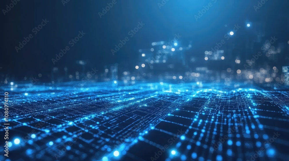 Obraz premium Abstract digital cityscape with glowing blue lines and dots, representing the interconnectedness of technology.