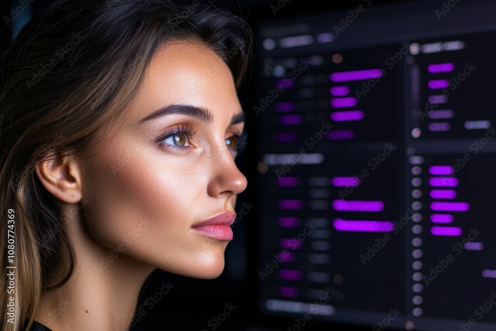 A focused woman analyzes data on screen, illuminated by a vibrant purple display, showcasing technology and concentration. A focused woman analyzes data on screen, illuminated by a vibrant purple display, showcasing technology and concentration.