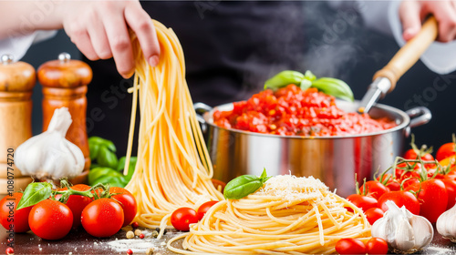 Chef Preparing Spaghetti with Tomato Basil Sauce in Kitchen photo