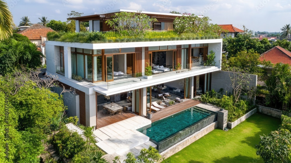 A modern, two-story house with a green roof, a swimming pool, and lush greenery surrounding it. A modern, two-story house with a green roof, a swimming pool, and lush greenery surrounding it.