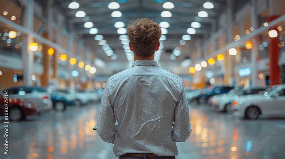 A man in a light blue shirt is standing in a car dealership. Rows of cars are parked on either side of him. The man is looking toward a car in the distance A man in a light blue shirt is standing in a car dealership. Rows of cars are parked on either side of him. The man is looking toward a car in the distance