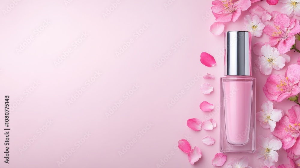 Beauty cream jar and serum bottle surrounded by cherry blossoms studio product photography soft pink background aesthetic appeal Beauty cream jar and serum bottle surrounded by cherry blossoms studio product photography soft pink background aesthetic appeal