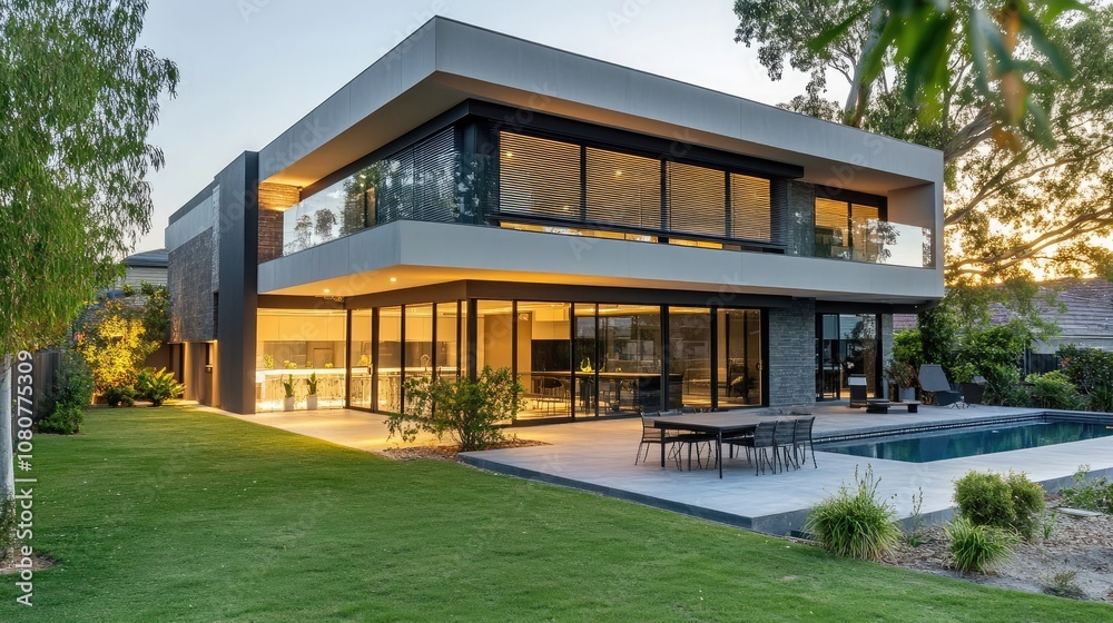A modern, two-story home with a large pool and a lush green lawn. The home has a sleek design with large windows, a flat roof, and a patio with outdoor furniture. A modern, two-story home with a large pool and a lush green lawn. The home has a sleek design with large windows, a flat roof, and a patio with outdoor furniture.