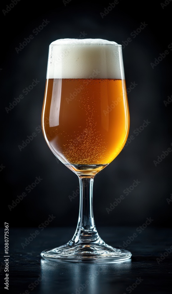 A sleek beer glass filled with vibrant IPA, overflowing with foam, against a black background, capturing bubbles.