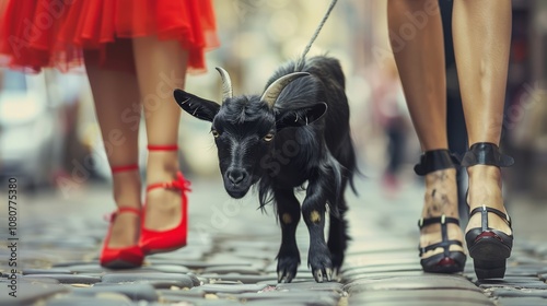 Fototapeta Naklejka Na Ścianę i Meble -  Two fashionable women walk alongside a small black goat, enjoying a sunny day as they tread thoughtfully on cobblestone streets