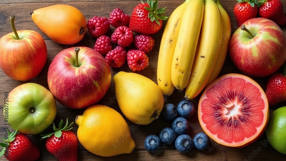 Diverse array of fresh fruits artfully arranged on surface Diverse array of fresh fruits artfully arranged on surface