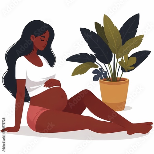 Pregnant black woman sitting, whitea background, flat style illustration photo