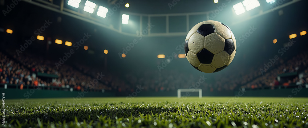 Naklejka premium A soccer ball is in the air on a field. The image has a mood of excitement and anticipation, as the ball is about to be kicked or passed to another player