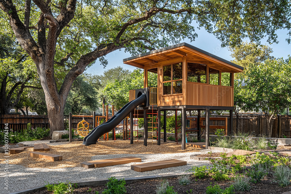 Elevated kids clubhouse among oak branches, natural wood finish. Elevated kids clubhouse among oak branches, natural wood finish.