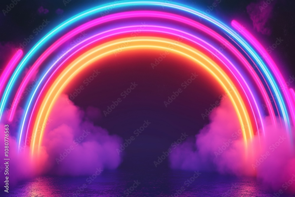 Neon rainbow arching over clouds, vibrant colors, glowing lights, surreal atmosphere, digital art Neon rainbow arching over clouds, vibrant colors, glowing lights, surreal atmosphere, digital art