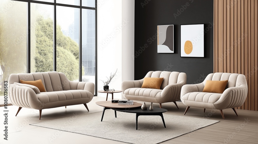 Fototapeta premium Modern living room interior with beige sofas and wooden coffee table, large windows, abstract wall art, and minimalistic decor elements creating a stylish and cozy atmosphere.