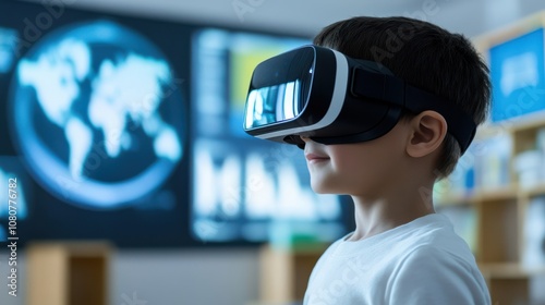 A boy in a white shirt experiences virtual reality with VR goggles, immersed in a digital world against a futuristic backdrop.