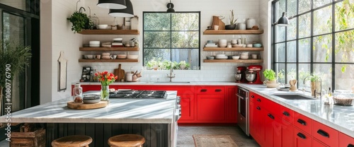 Red Kitchen Cabinets and Island with a View of Greenery Through a Window