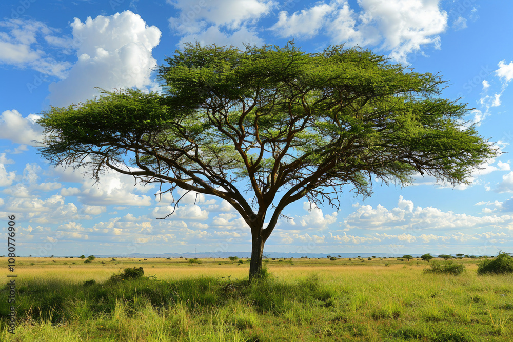 Fototapeta premium Majestic Acacia Tree in African Savannah Under Blue Sky with Fluffy Clouds on a Sunny Day