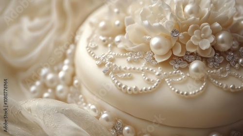 Elegant Wedding Cake with Floral Decorations and Pearls