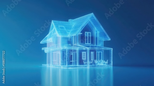 Wallpaper Mural A wireframe model of a two-story house with a covered patio, rendered in a glowing blue against a dark blue background. Torontodigital.ca