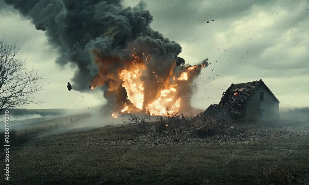 A house is destroyed by a large explosion with debris flying through the air.
