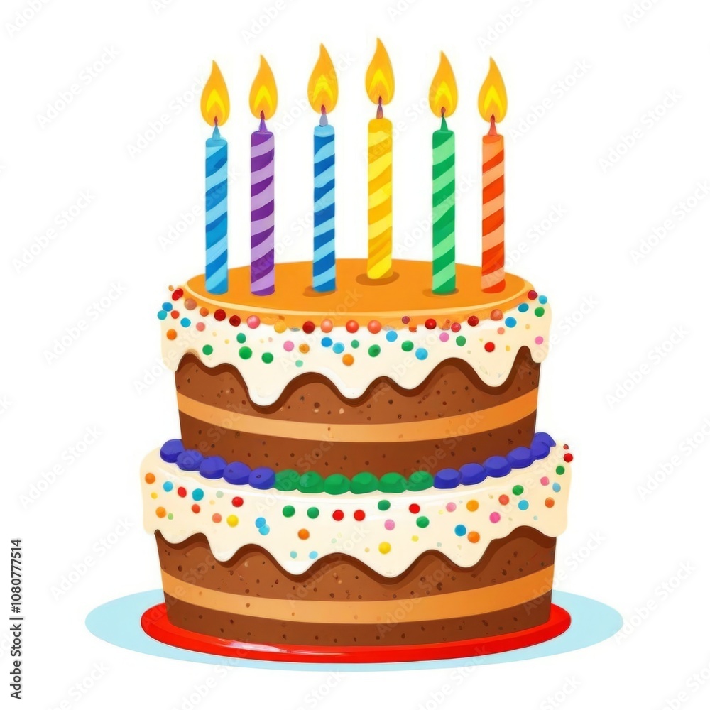 Colorful birthday cake with candles and sprinkles celebrating a joyful occasion in a festive setting Colorful birthday cake with candles and sprinkles celebrating a joyful occasion in a festive setting
