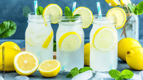 Refreshing Lemonade in Mason Jars with Lemon Slices and Mint
