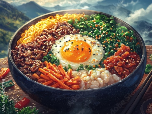 Discover the flavors of korean bibimbap in a stunning gyeongbokgung palace bibimbap bowl photo