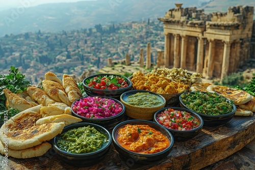 Savor a delicious lebanese mezze platter with fresh pita bread and flavorful dips