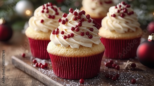 Festive cupcakes with creamy frosting and red berries for holiday celebrations