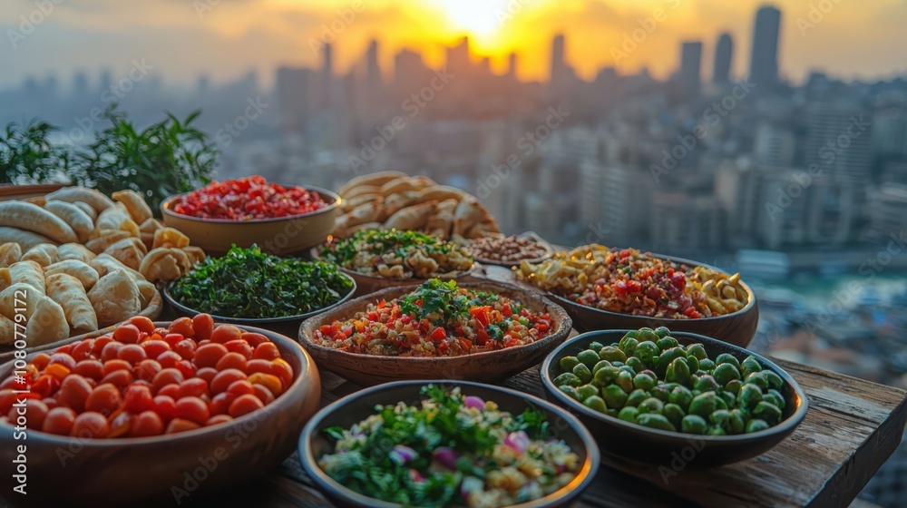 Fototapeta premium Savor lebanese mezze platter against the stunning beirut skyline at sunset
