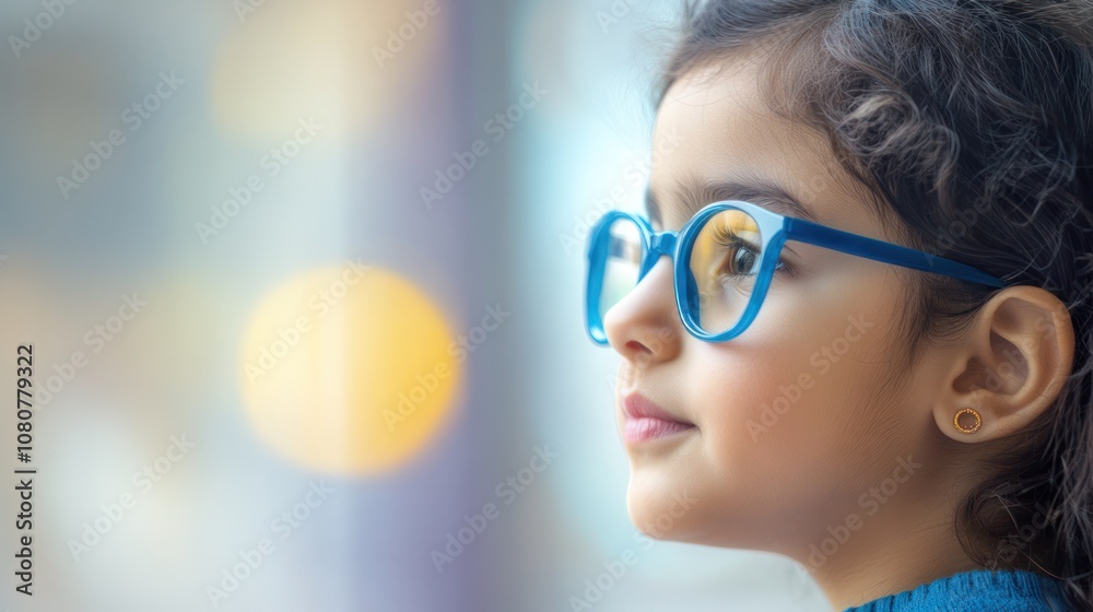 Little Child with Glasses Looking at Distant Tree, Focusing on Myopia Prevention Outdoors Little Child with Glasses Looking at Distant Tree, Focusing on Myopia Prevention Outdoors