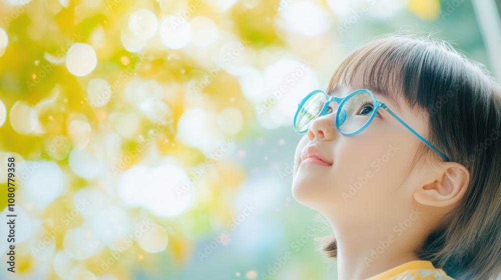 Young Child Wearing Glasses, Engaged in Outdoor Activity to Improve Vision and Prevent Myopia Young Child Wearing Glasses, Engaged in Outdoor Activity to Improve Vision and Prevent Myopia
