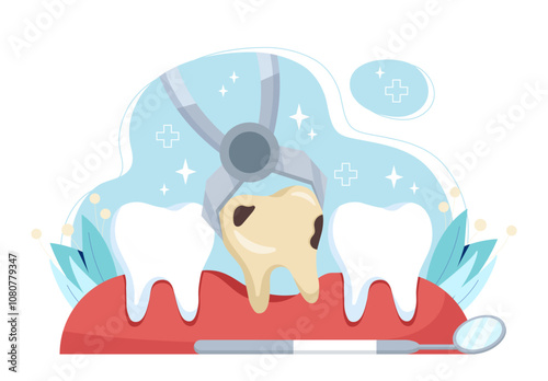 Tooth extraction concept. Forceps remove tooth with caries. Dentistry and stomatology. Cleanliness and hygiene of oral cavity. Healthcare and medicine. Flat vector illustration