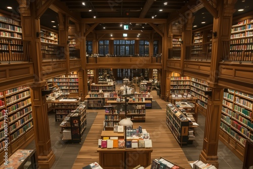 Library interior with wooden architecture, shelves filled with books, reading areas, and warm lighting