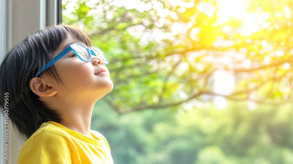 Child with Glasses Observing Distant Tree, Focusing on Myopia Prevention Through Outdoor Activity Child with Glasses Observing Distant Tree, Focusing on Myopia Prevention Through Outdoor Activity